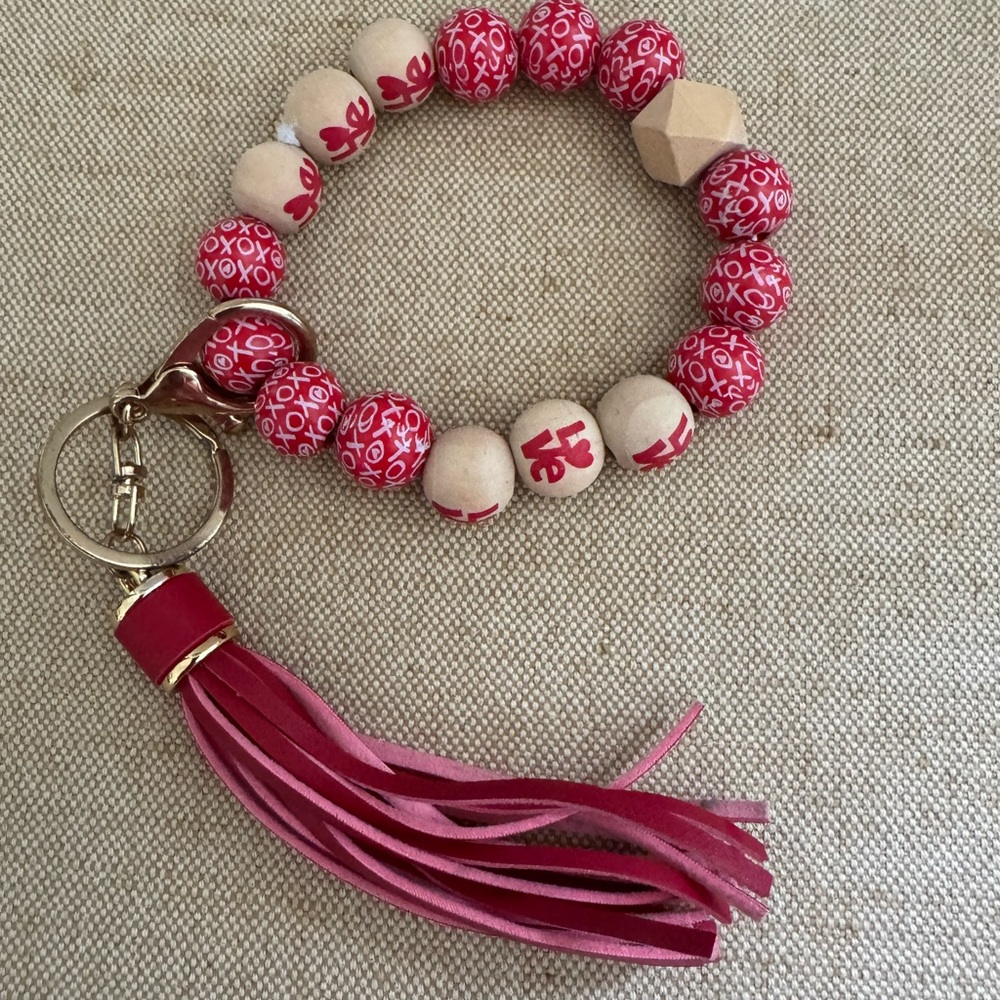 Red and Beige Beaded Keychain Bracelet